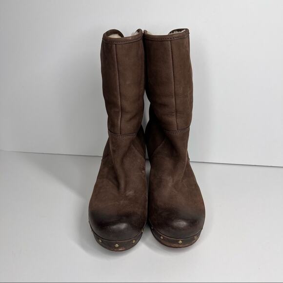 UGG Lynnea brown leather fold over sheepskin lined studded heeled clog boots 7 - Picture 3 of 12